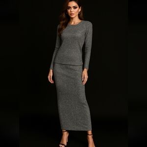 KORET OF CALIFORNIA Vintage Silver Metallic Knit Set Long Skirt Pullover Top